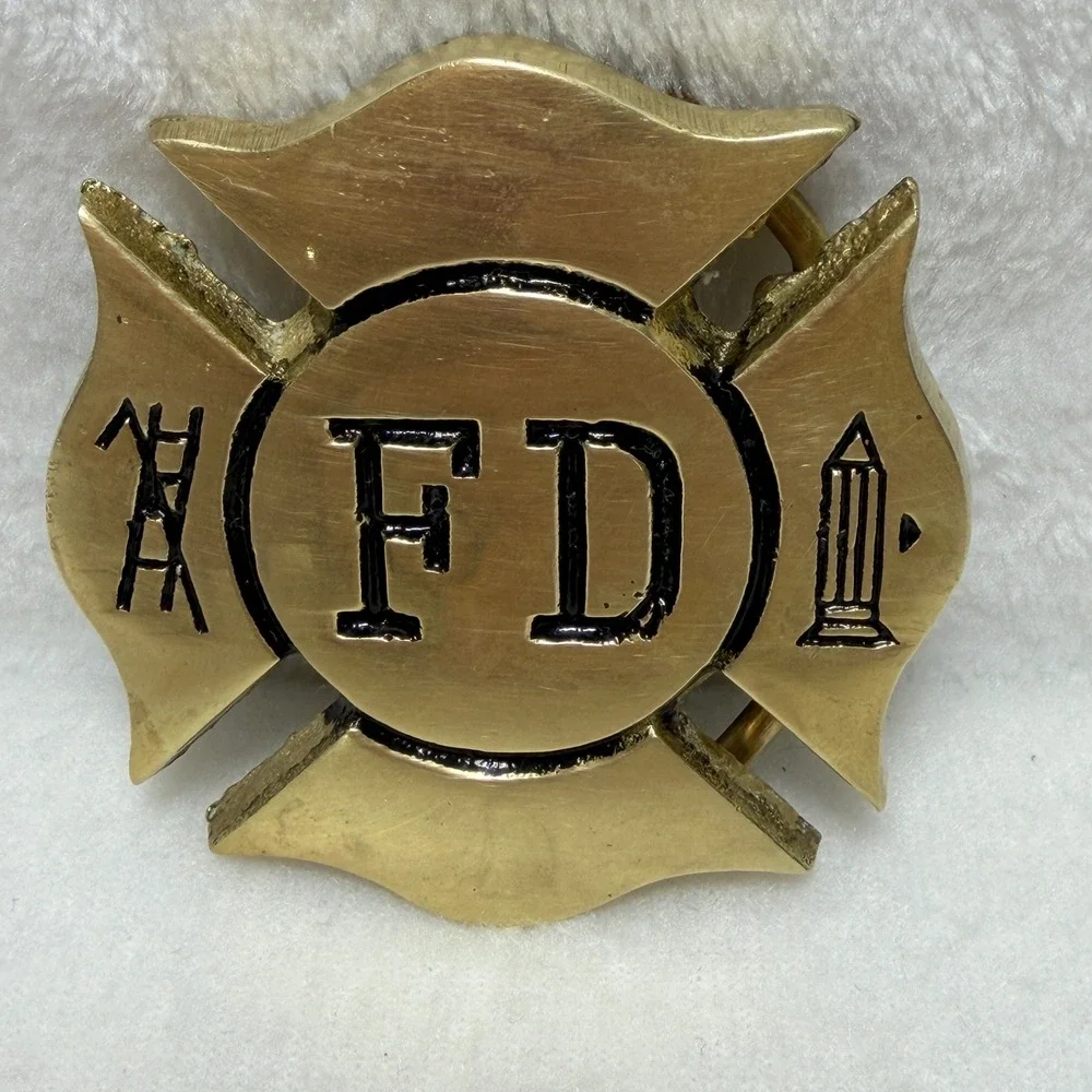 Vintage Solid Brass Firefighter Maltese Cross Belt Buckle Taiwan ROC 883